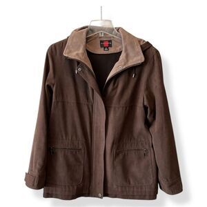 Gallery Vegan Suede Hooded Zip Front Jacket Medium Weight Coat Brown S